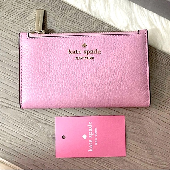 Kate Spade Leila Pebbled Leather Small Slim Bifold Wallet, Quartz Pink NWT - Picture 1 of 12